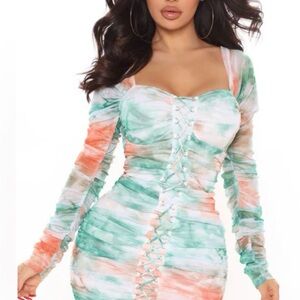 Fashion Nova Mint Green White Coral Tie-Dye Long Sleeve Bodycon Dress